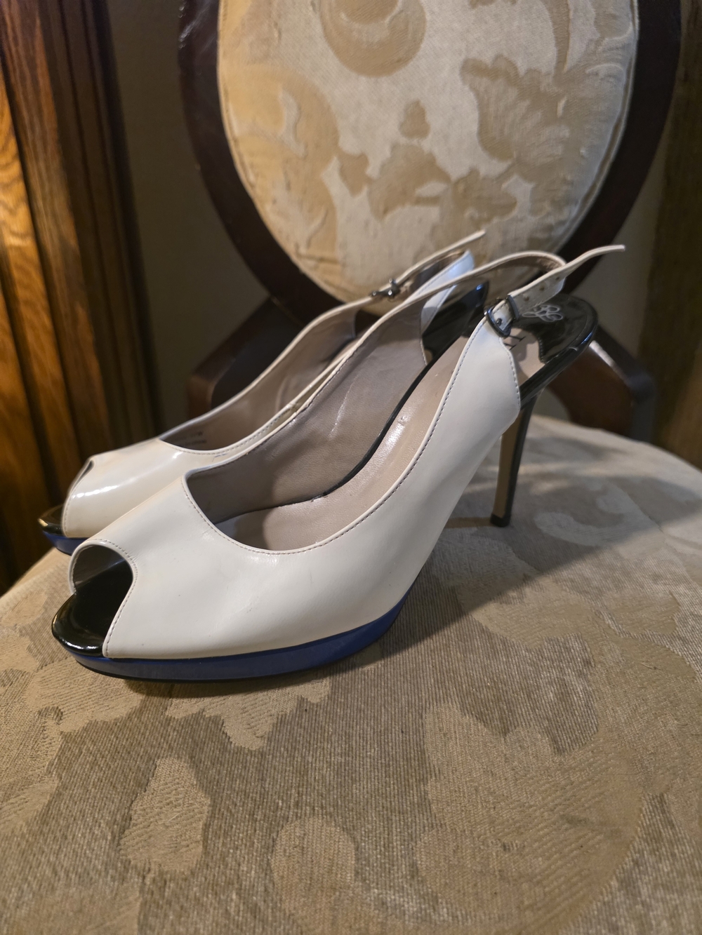 J.Renee White Peep-Toe Slingback Heels with Blue Platform